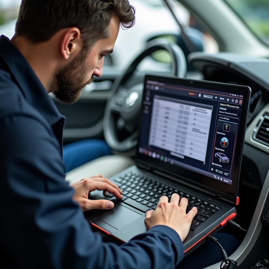 Kfz-Mechaniker führt eine Fehlerdiagnose mit einem Laptop durch