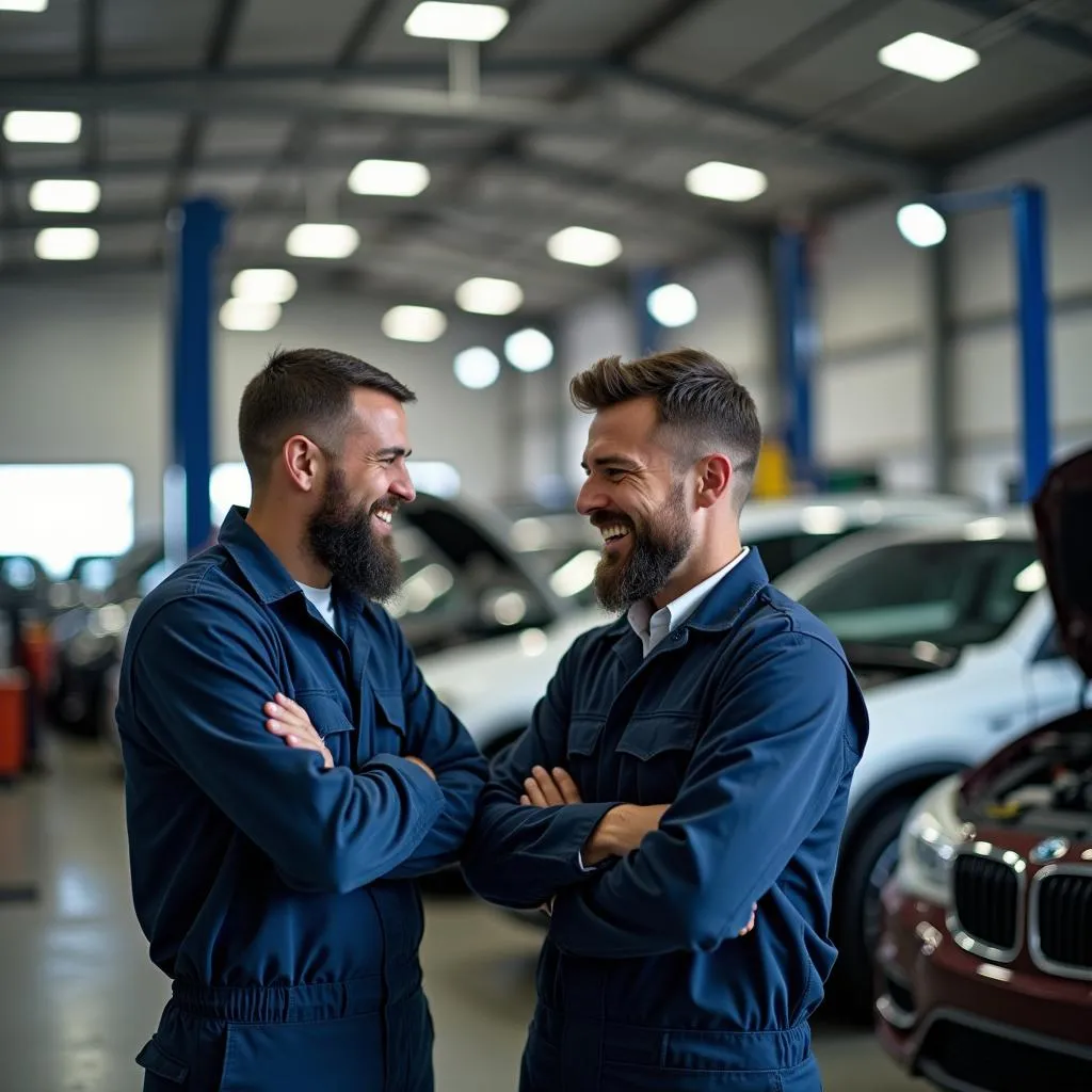 Kfz-Mechaniker lachen gemeinsam in der Werkstatt