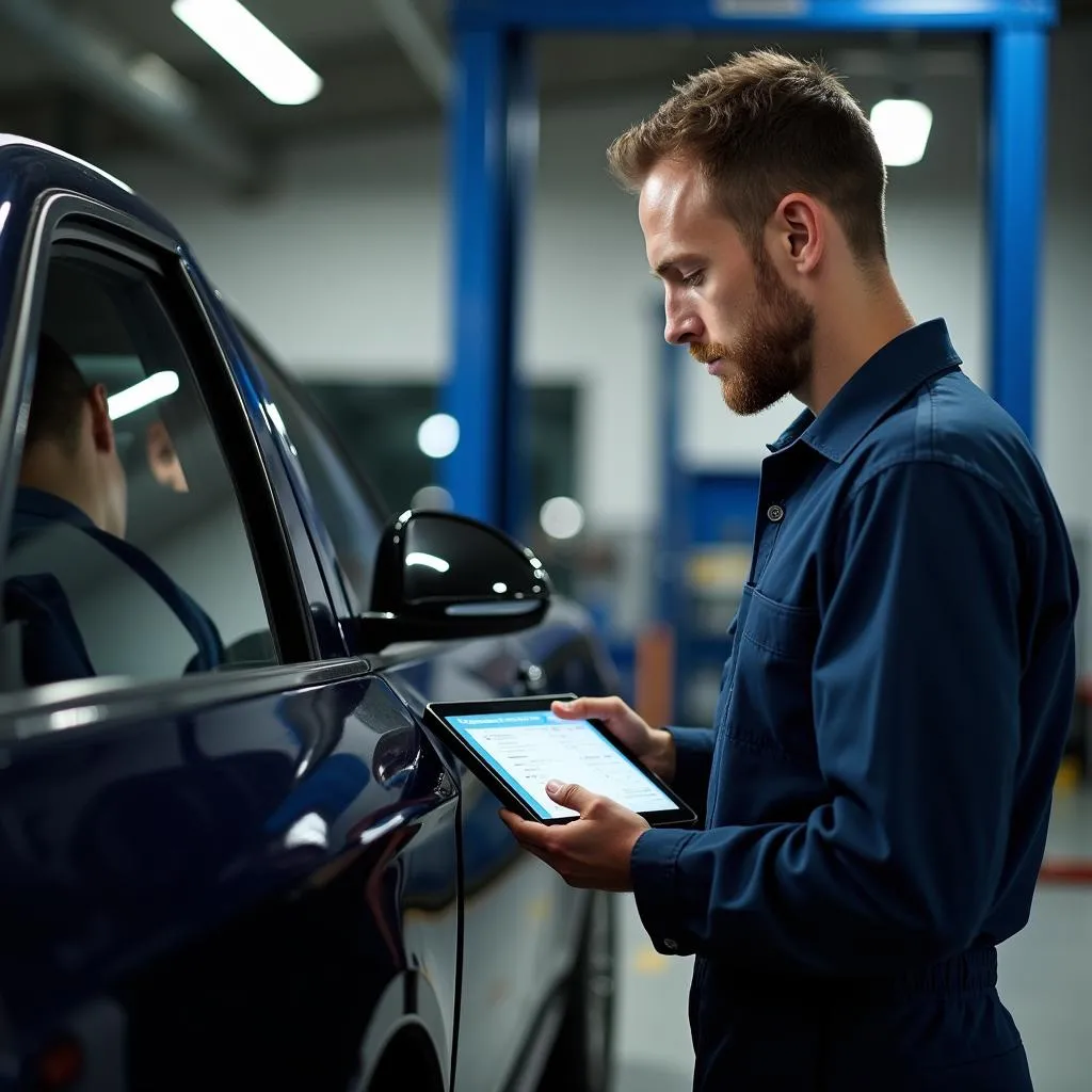 Kfz-Mechaniker verwendet ein Diagnosegerät in einer Werkstatt