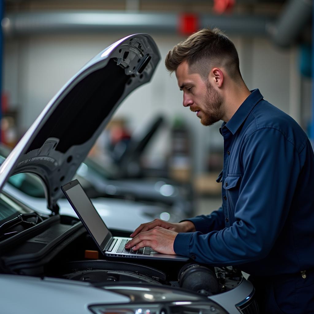 Kfz-Mechaniker arbeitet an einem Laptop in der Werkstatt