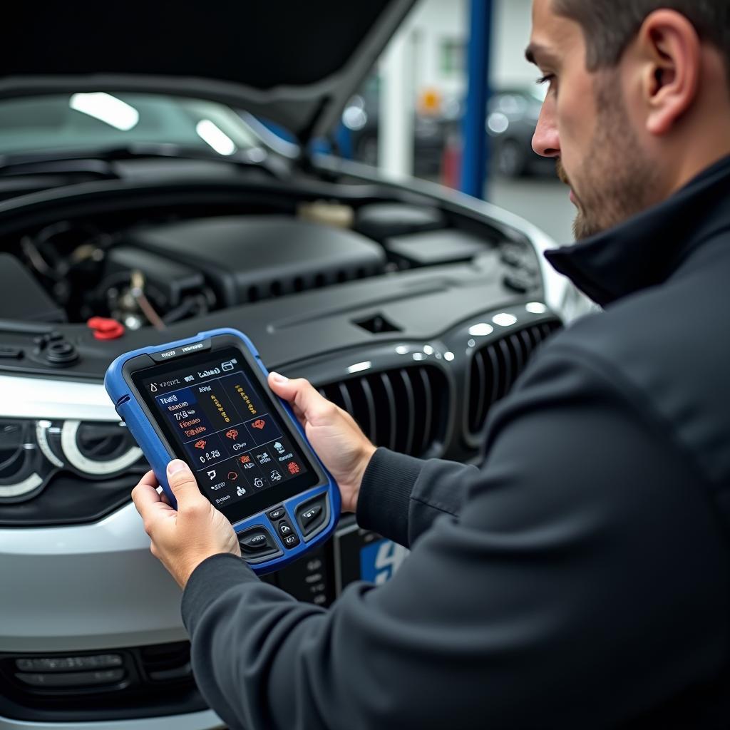 Kfz-Mechaniker in Spandau nutzt Diagnosegerät