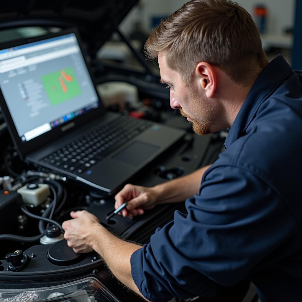 Mecânico verificando a fiação de um carro