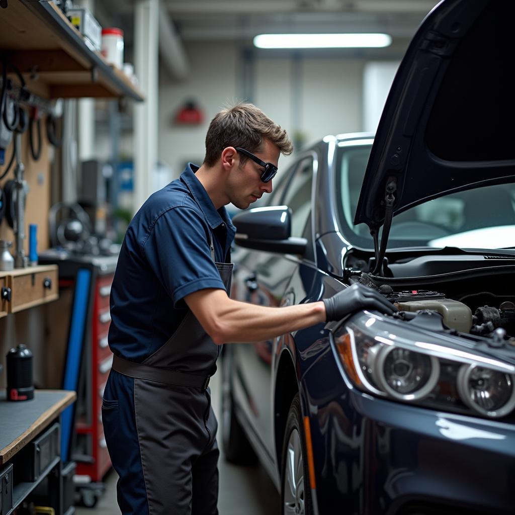 Ein Kfz-Mechaniker bei der Reparatur eines Autos