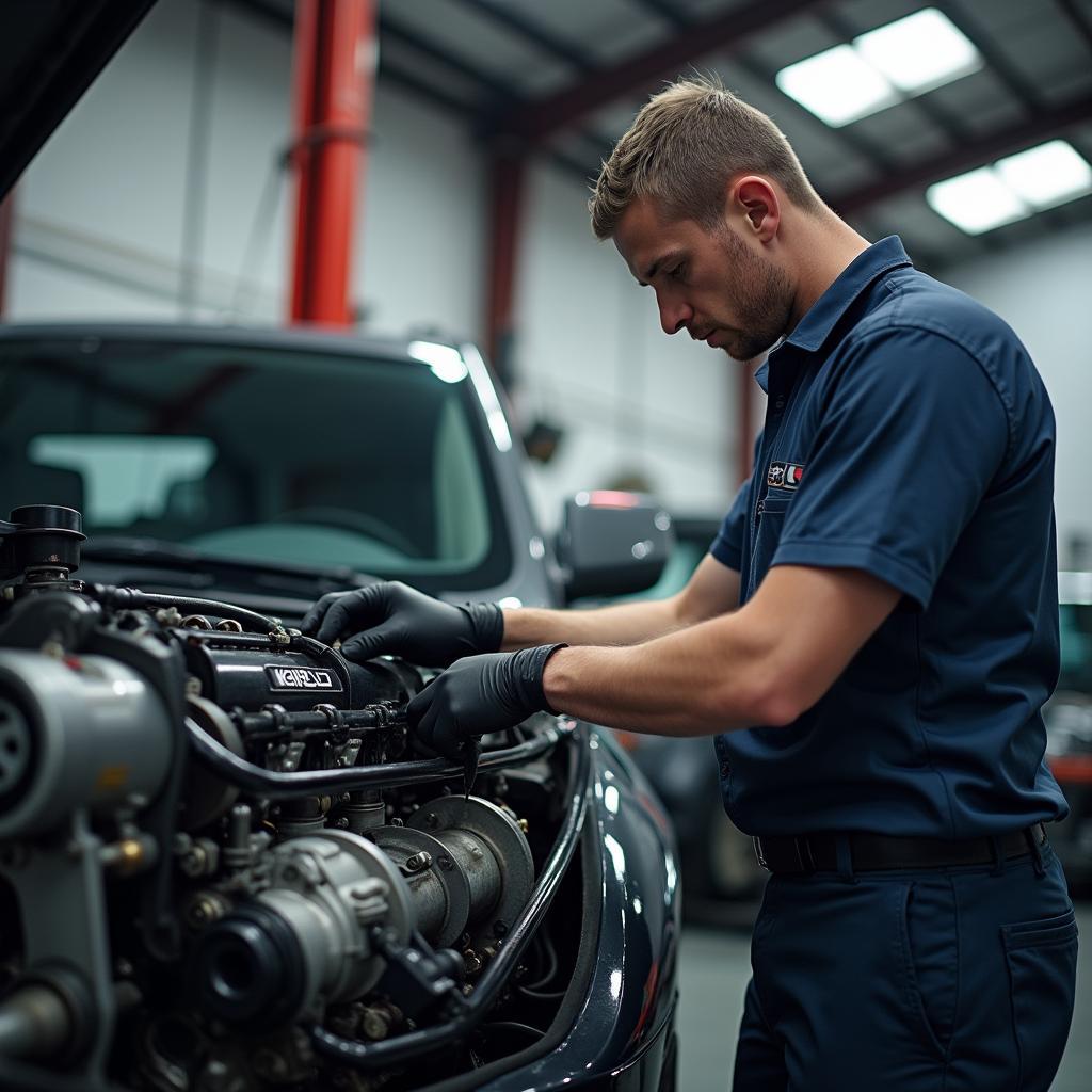 Kfz-Mechaniker bei der Reparatur eines Dieselfahrzeugs