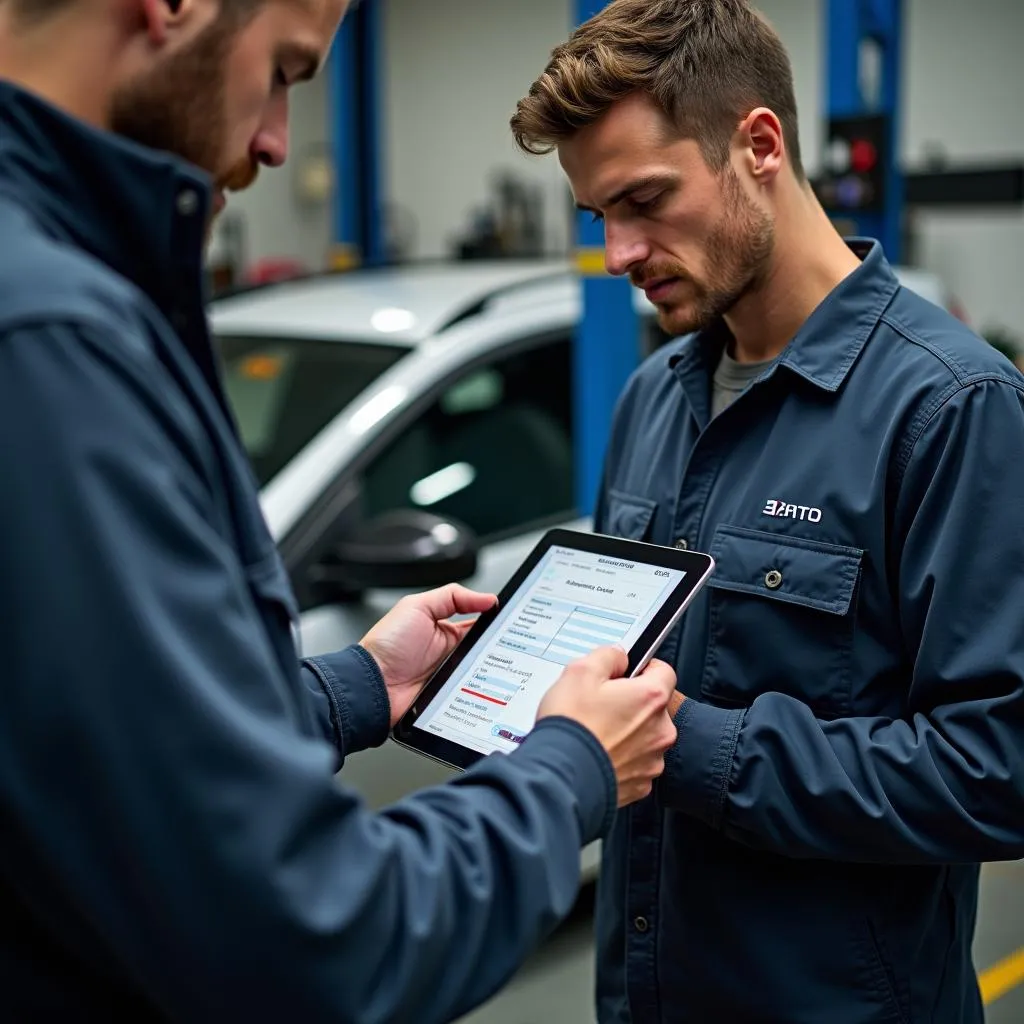 Kfz-Mechaniker mit Tablet in der Werkstatt