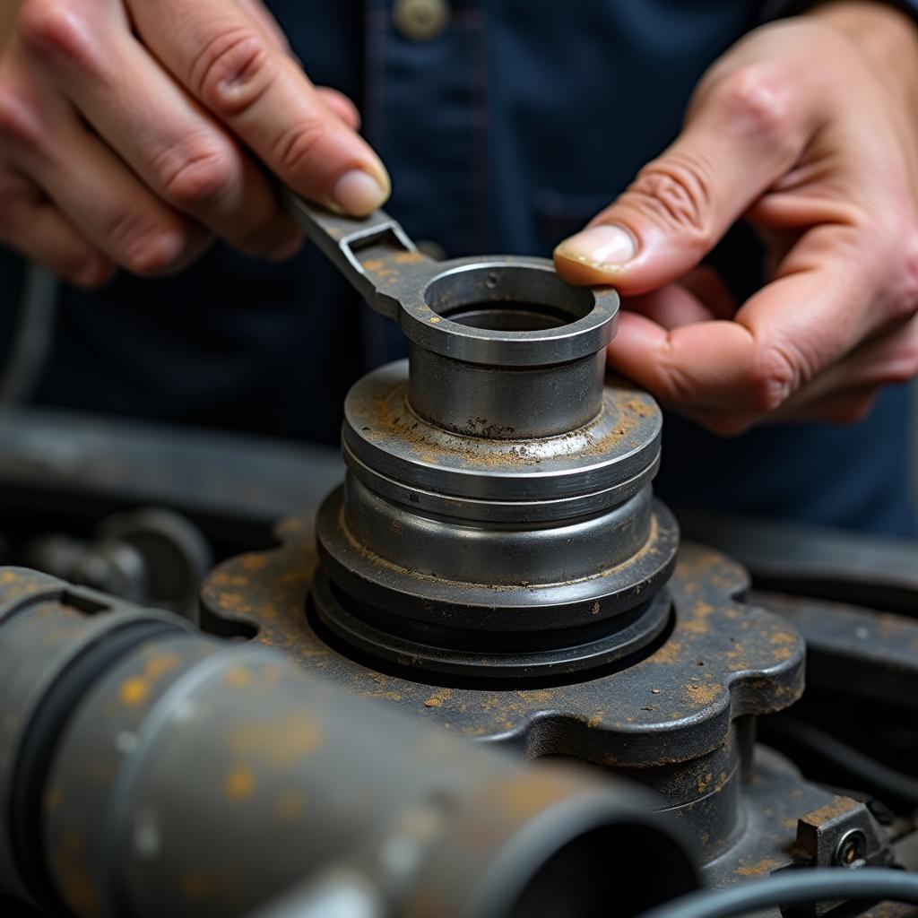 Kfz-Mechaniker verwendet Coach-Ring bei Motorreparatur