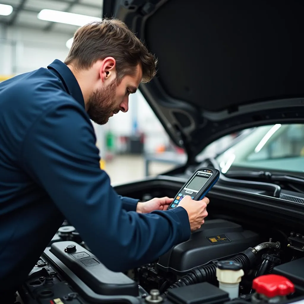 Kfz-Mechatroniker arbeitet am Motor