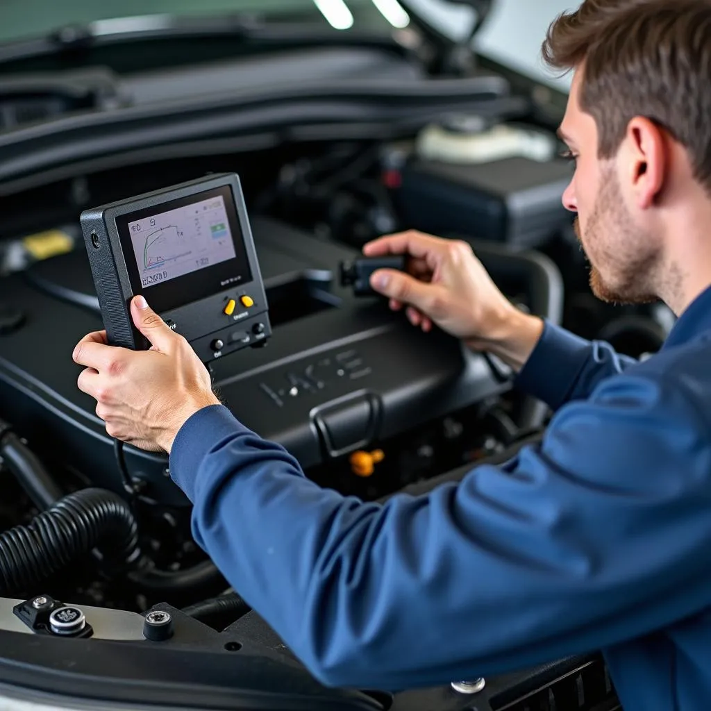 Kfz-Mechatroniker führt eine Fahrzeugdiagnose durch