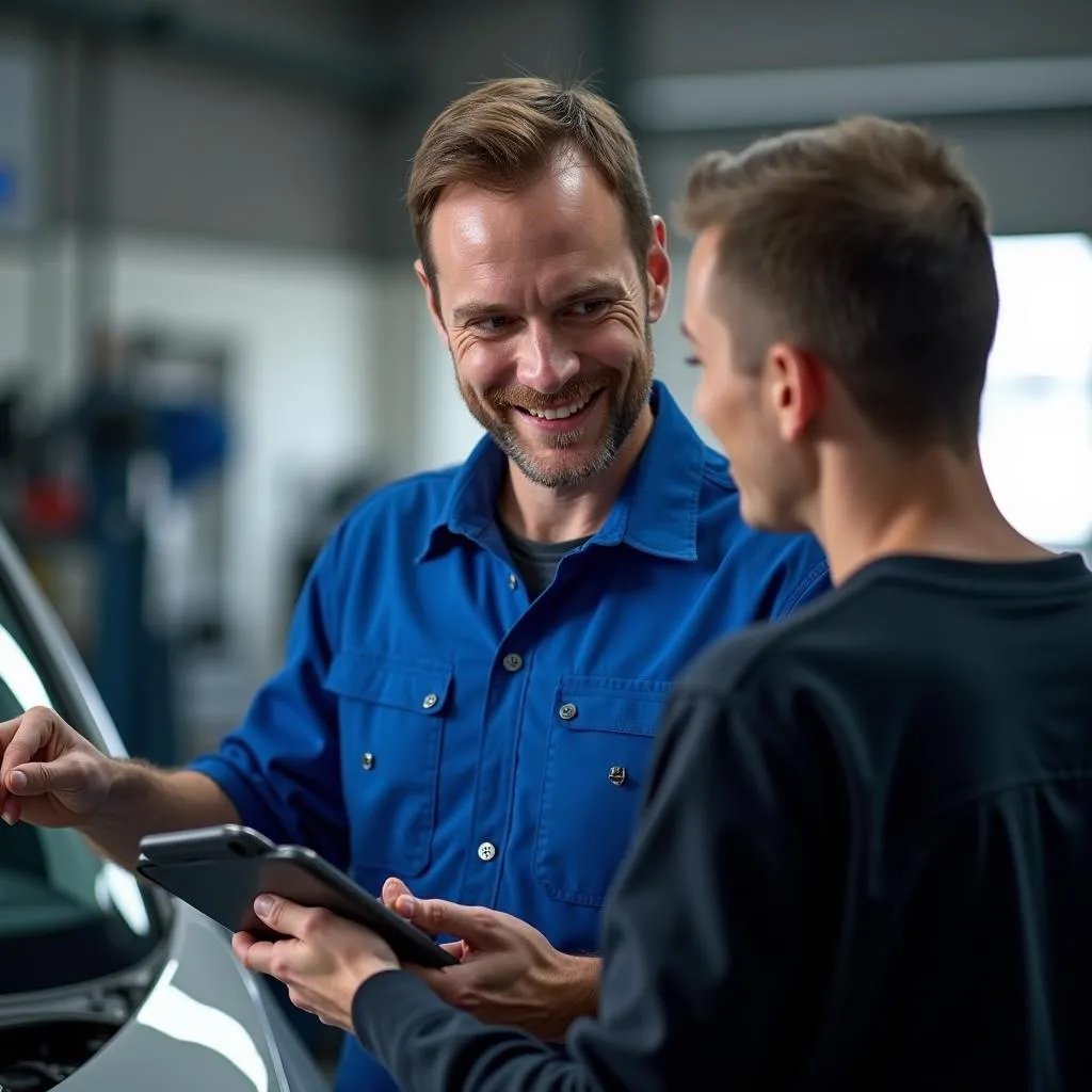 Mecânico automotivo explicando o reparo para o cliente