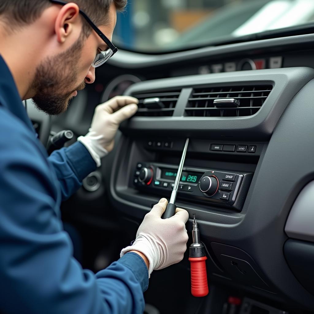 Kfz-Mechatroniker arbeitet an einer Klimaanlage