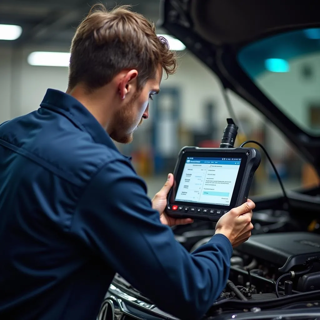 Kfz-Mechatroniker in Werkstatt bei Diagnose