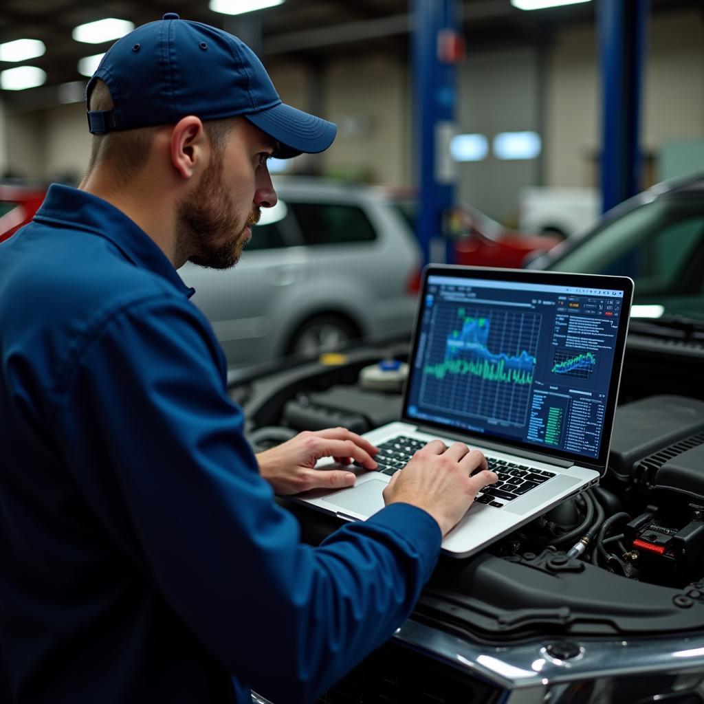 Car technician analyzing data on a computer