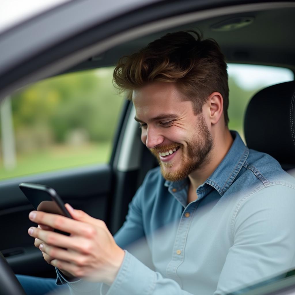 Kfz-Versicherung Telematik Erfahrungen: Ein junger Mann lächelt zufrieden beim Blick auf sein Smartphone, während er im Auto sitzt.