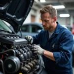 Ein Kfz-Mechaniker arbeitet an einem Dieselmotor in einer Werkstatt in Bremerhaven