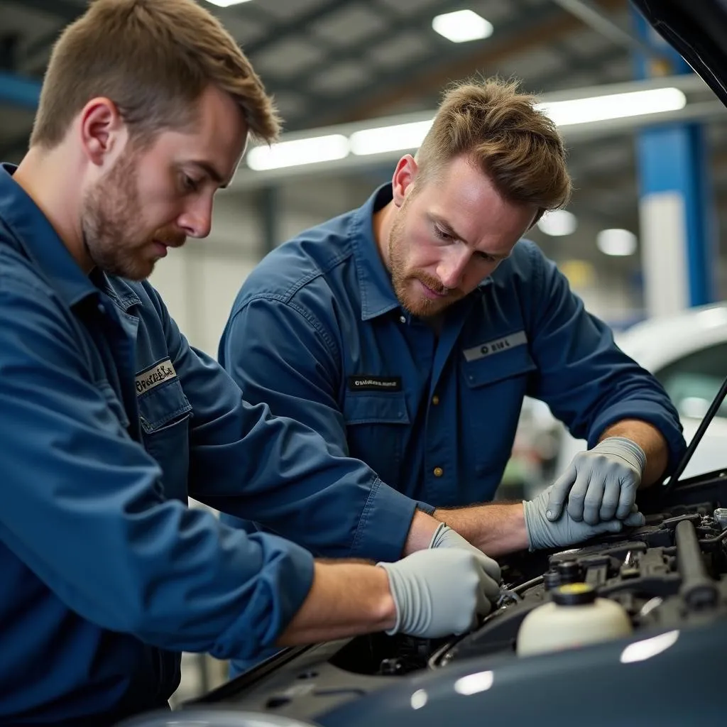 Kfz-Werkstatt Mitarbeiter bei der Reparatur eines Fahrzeugs