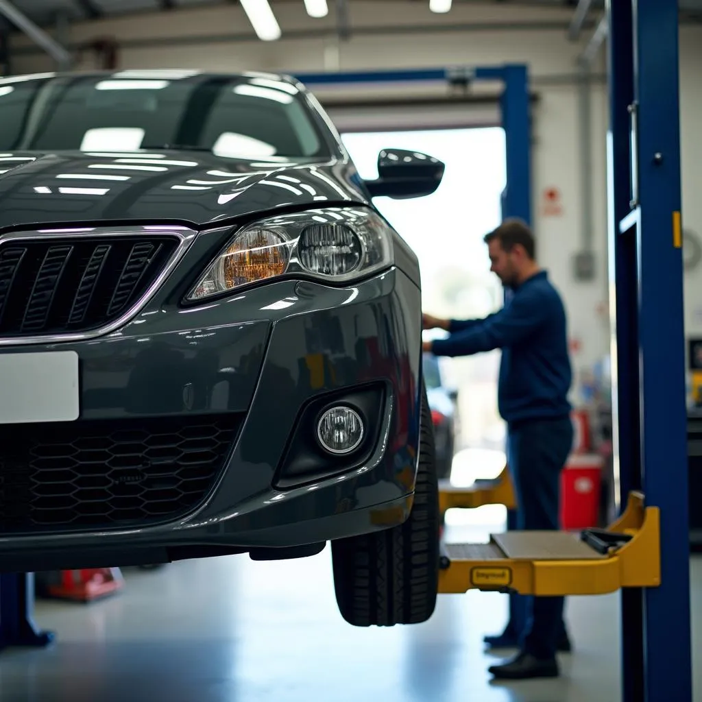 Auto auf Hebebühne für Reifenwechsel in der Werkstatt