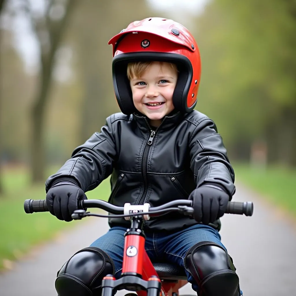 Kind mit Pocketbike und Sicherheitsausrüstung