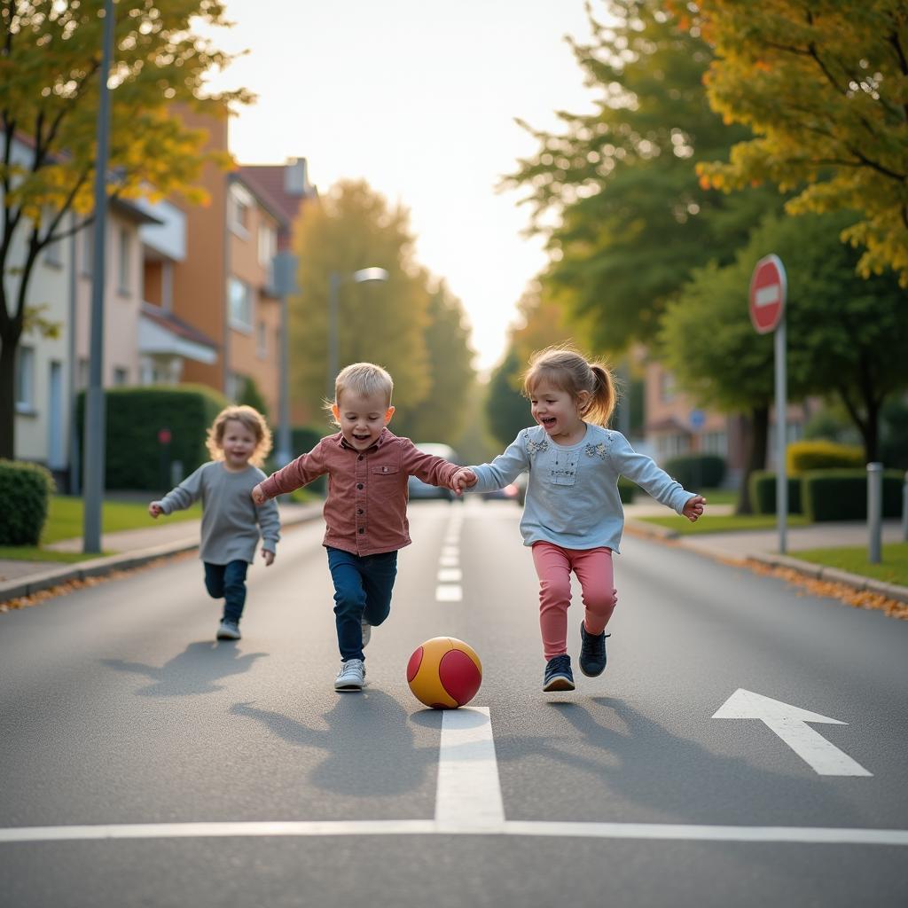 Kinder spielen in der Verkehrsberuhigten Zone