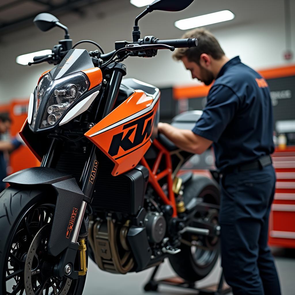 Motocicleta KTM sendo reparada em uma oficina mecânica