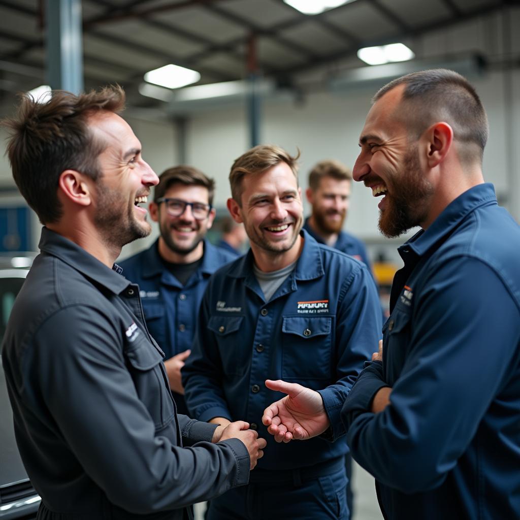 Lachende Mechaniker in der Werkstatt