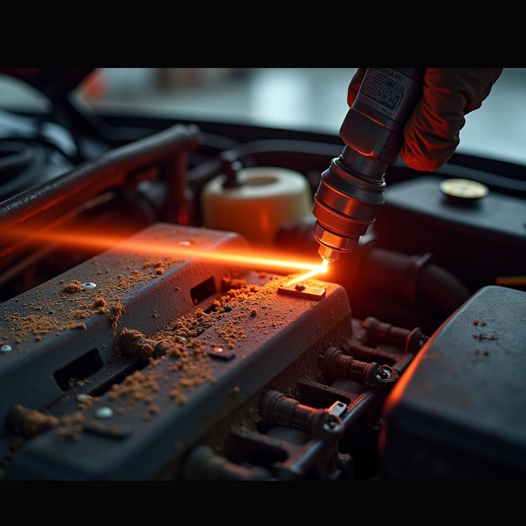 Laser cleaning a car engine