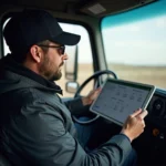 LKW Fahrer mit Tablet in der Hand checkt die Lenkzeit