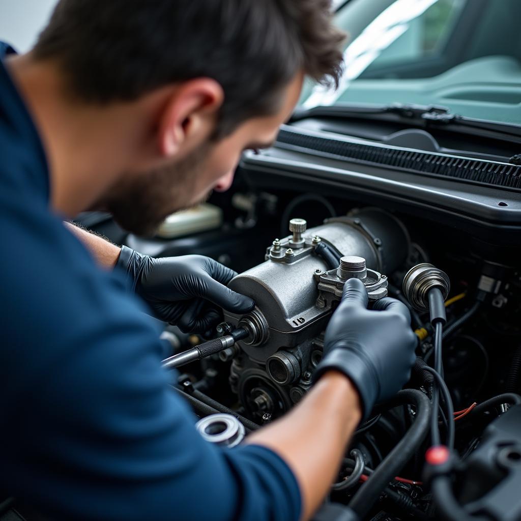 Mechaniker arbeitet an einem Elektroauto-Motor