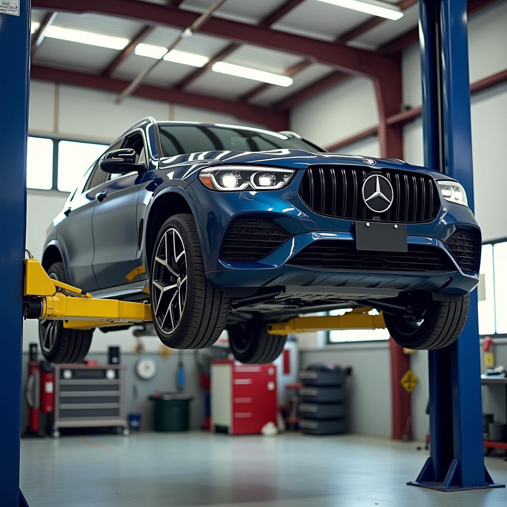 Pneumatic lift platform raising a car in an auto repair shop