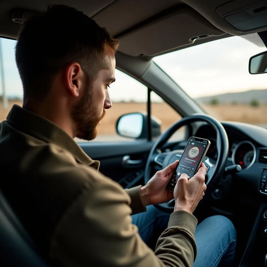 Mann im Auto nutzt Smartphone für Radio