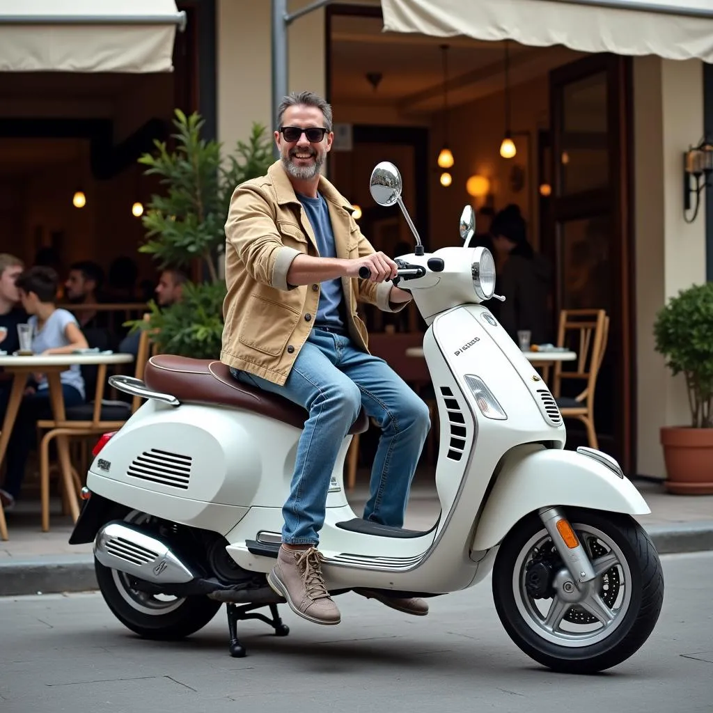 Mann parkt seinen Piaggio MP3