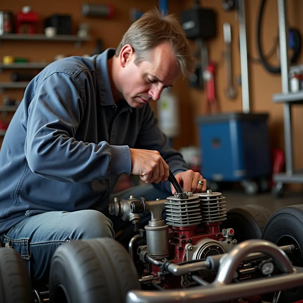 Reparatur eines Benzinmotors in einer Werkstatt