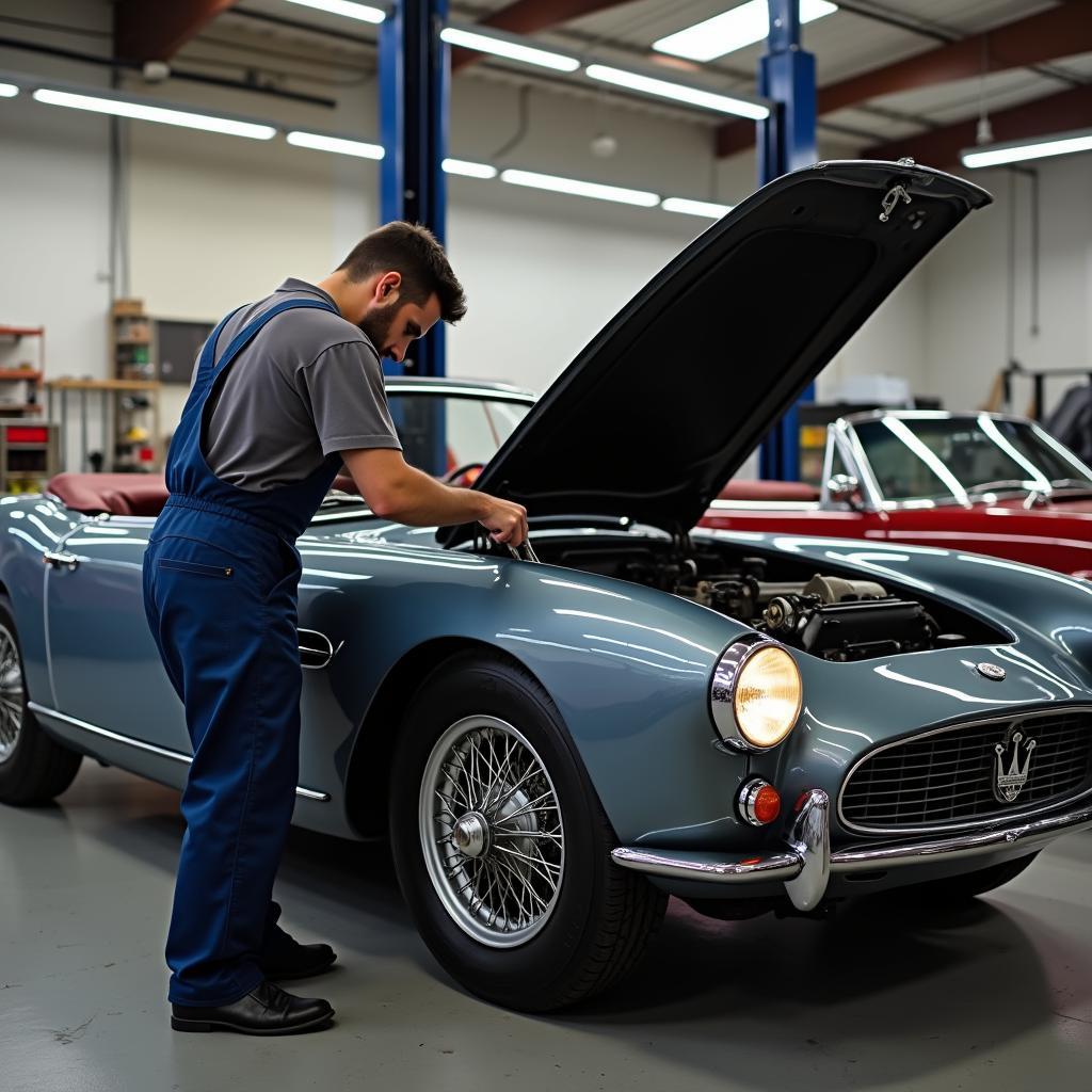 Maserati Oldtimer Cabrio in der Werkstatt