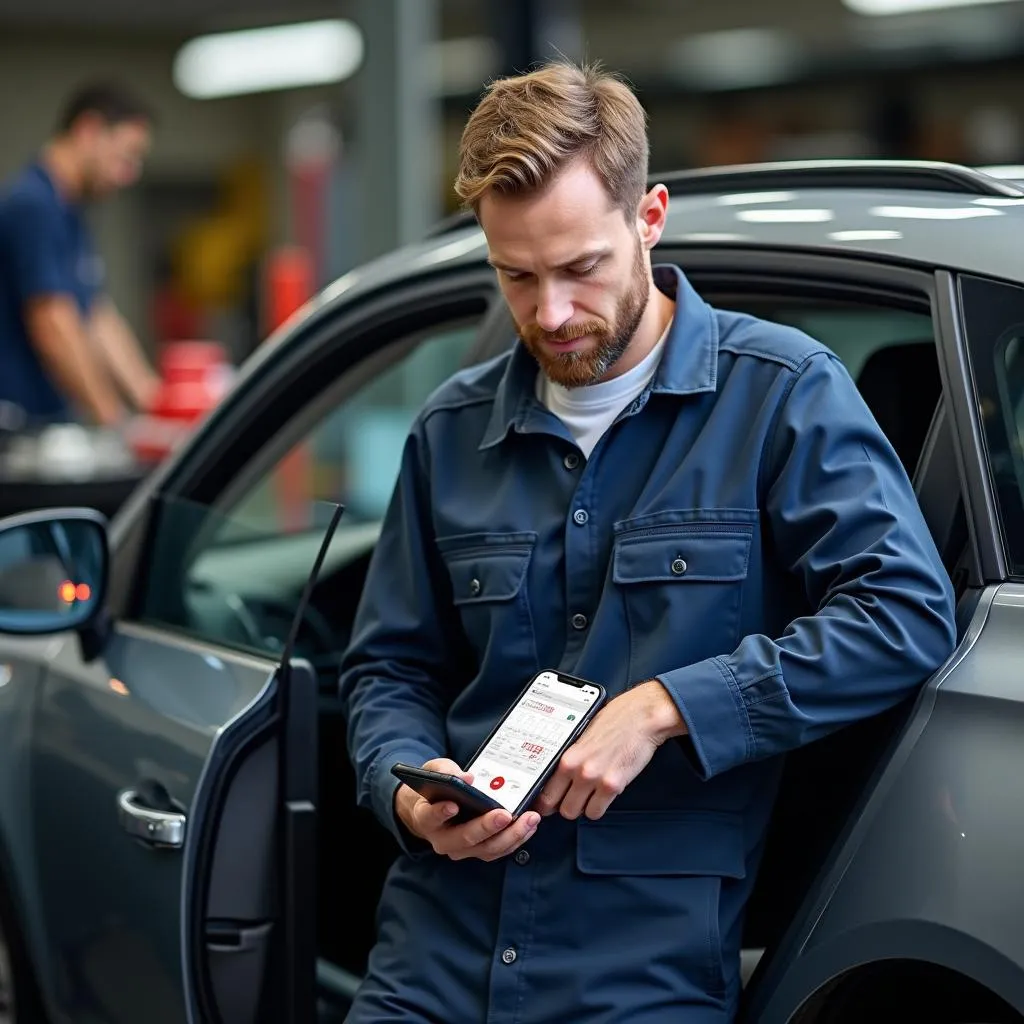 整備士がスマートフォンで車両データを分析している