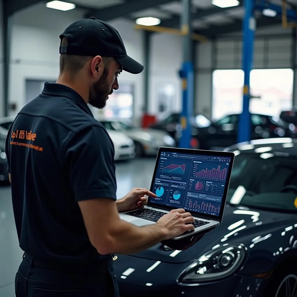 Automechaniker analysiert den Iolith Wert auf einem Laptop