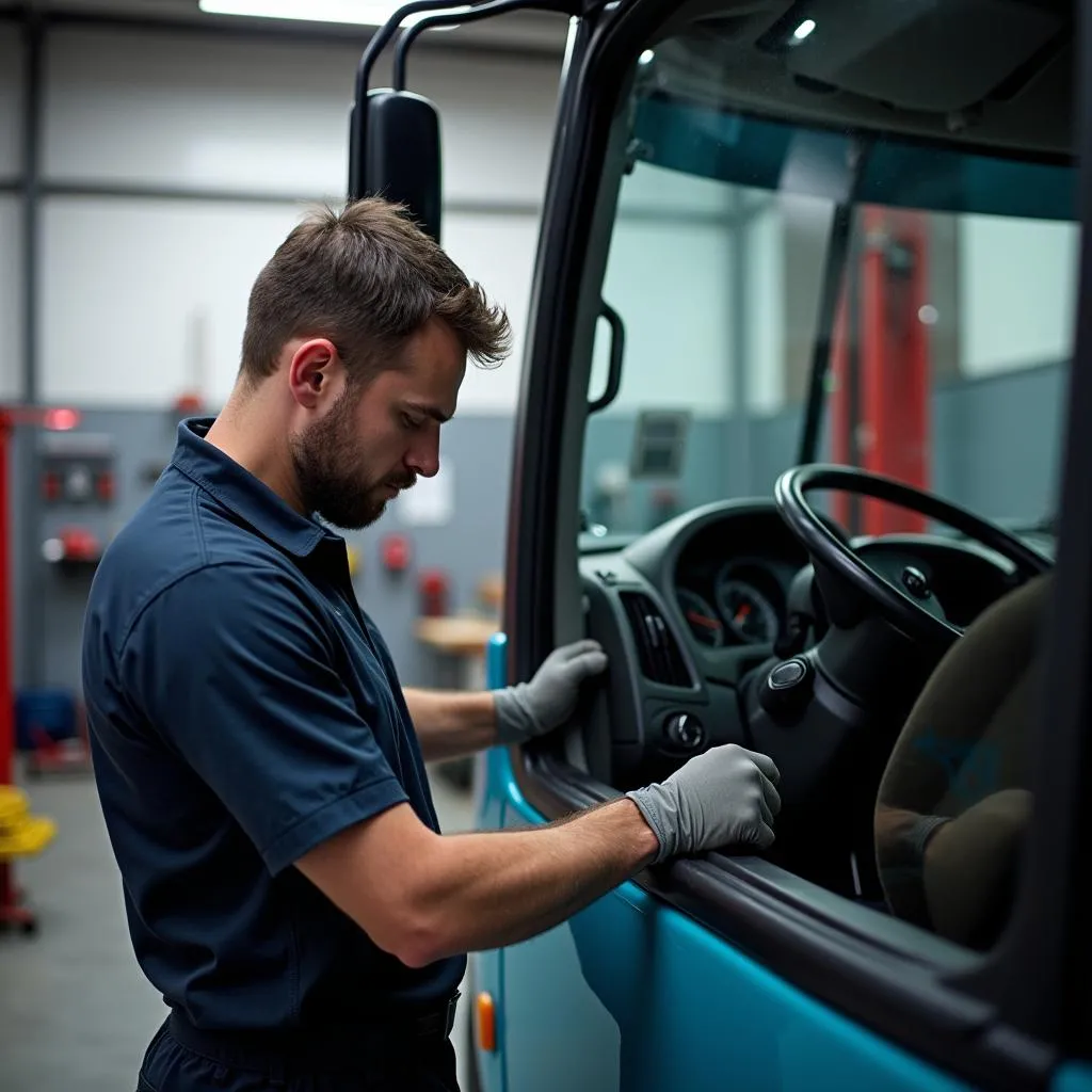 Mécanicien effectuant une réparation sur un bus