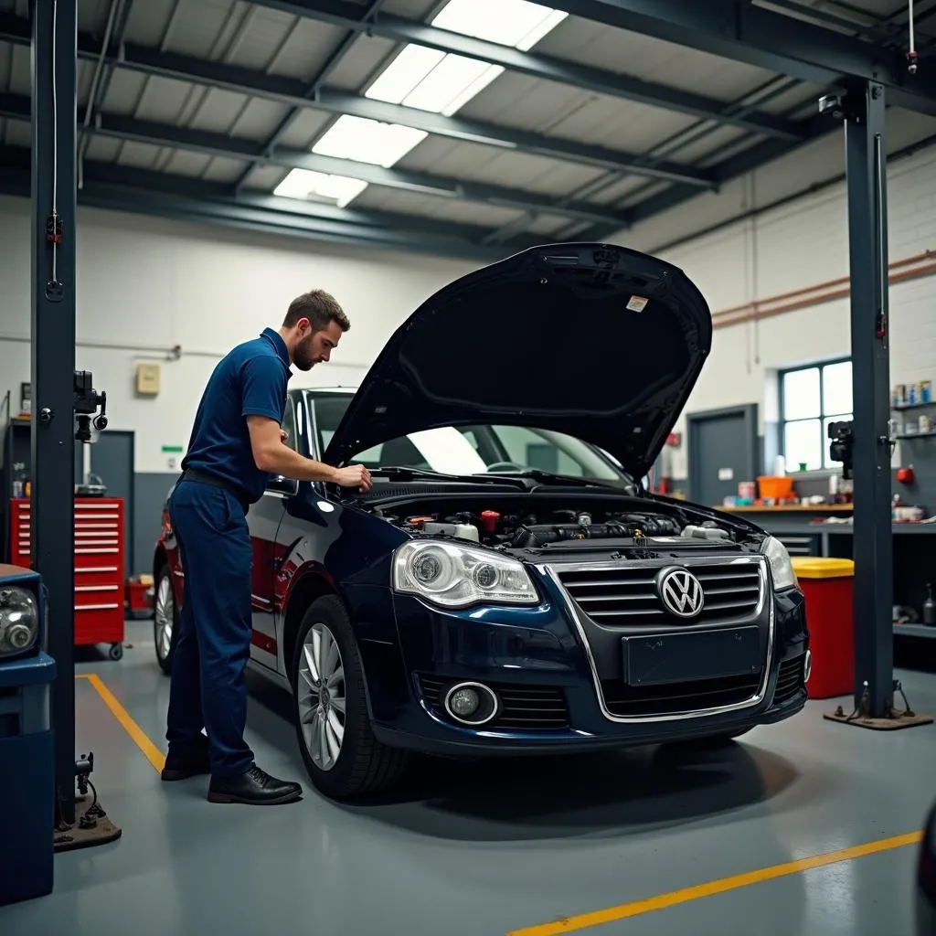 Auto mechanic using an ergonomic workbench in a repair shop