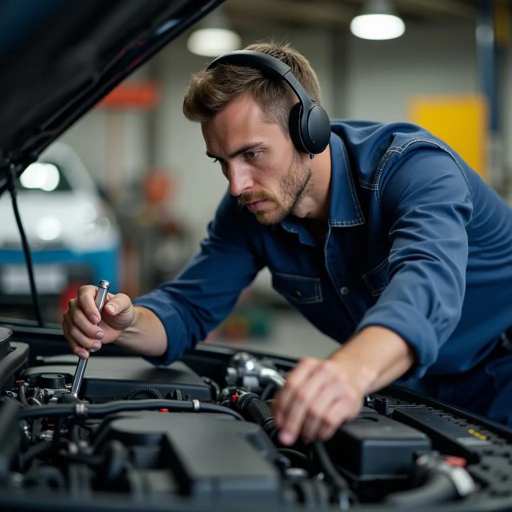 Mechaniker arbeitet an Motor mit Kopfhörern