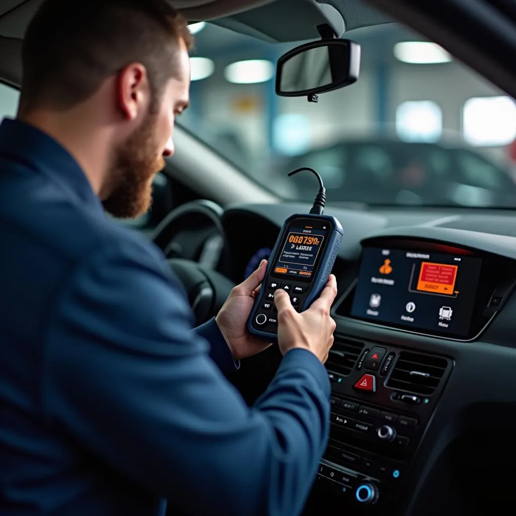 Mecânico utilizando equipamento de diagnóstico em um carro