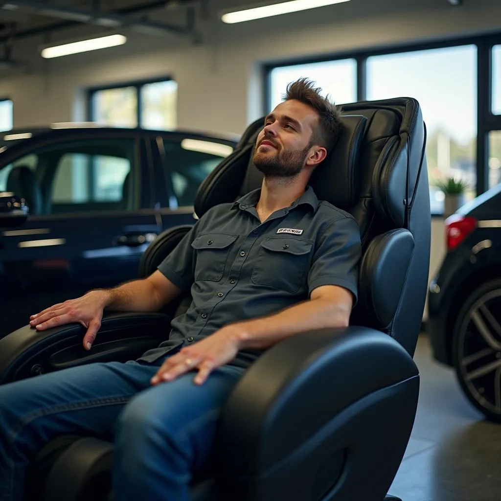 Automechaniker entspannt im Massagesitz