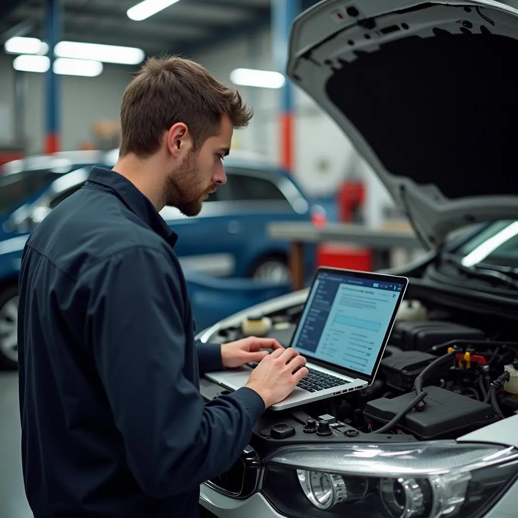 Mechaniker führt eine Fehlerdiagnose am Laptop durch