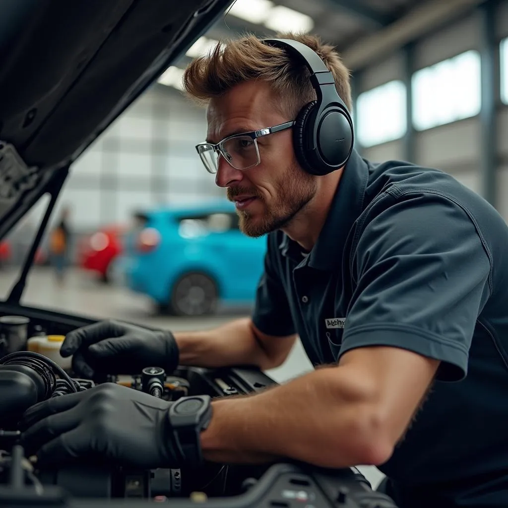 Mechaniker hört Musik in der Werkstatt