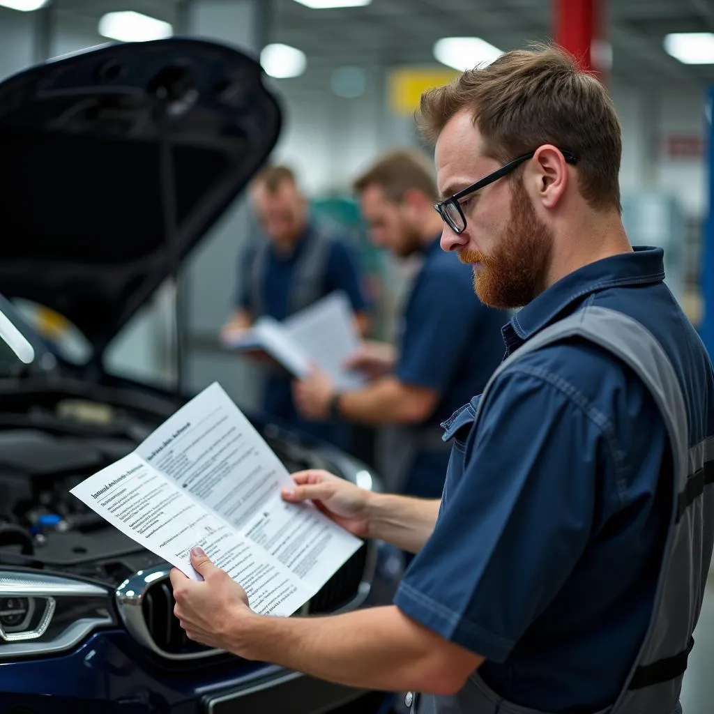 Mécanicien consultant un manuel de réparation BMW