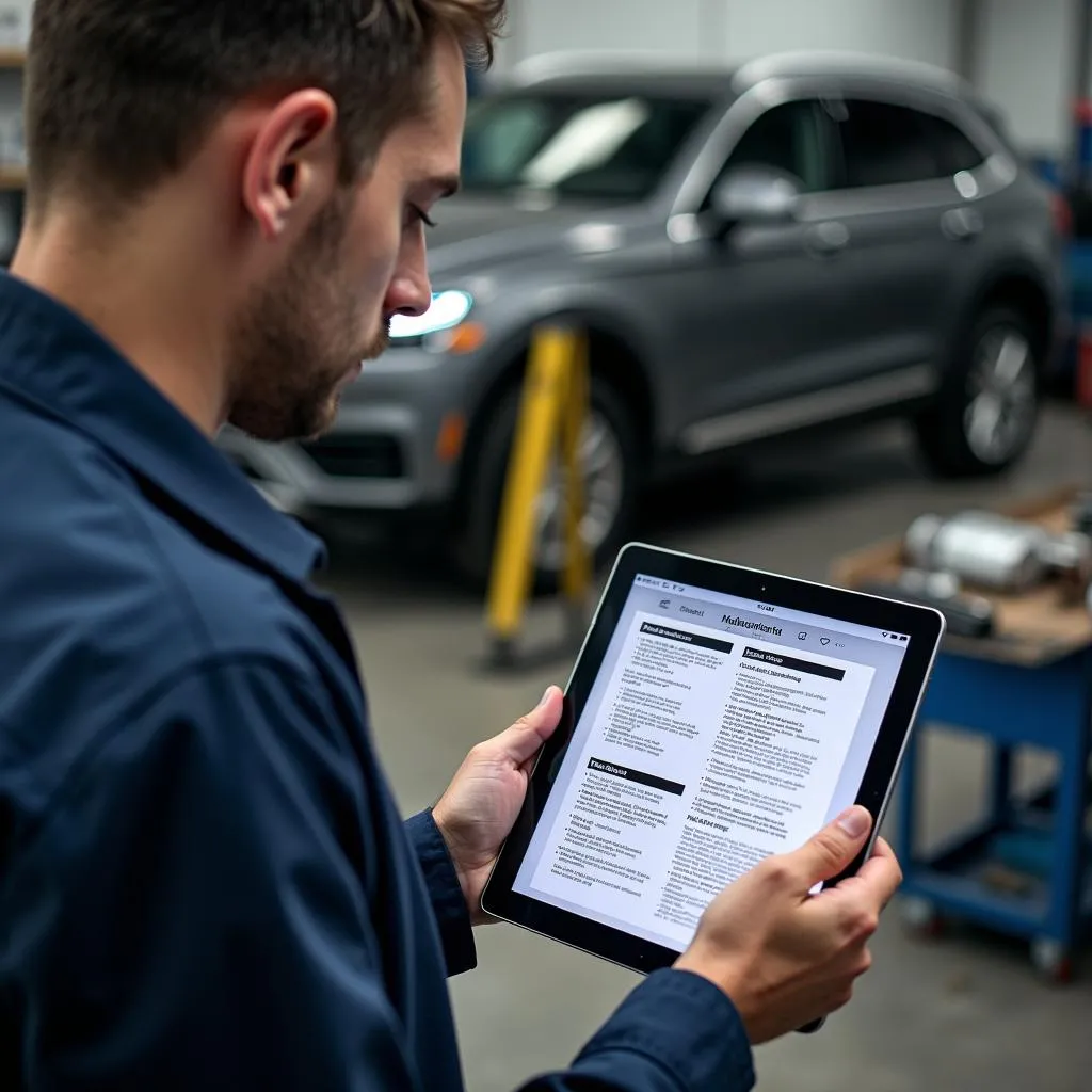 Mechaniker liest Reparaturanleitung auf Tablet