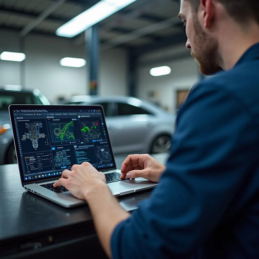 Mechaniker mit Laptop in Werkstatt