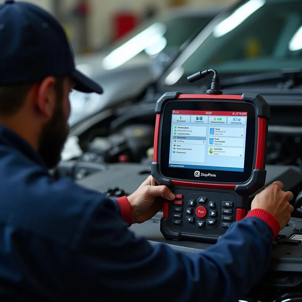 Automotive technician using diagnostic scanner in garage