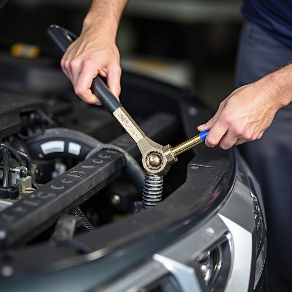 Ein Mechaniker verwendet Gödde Werkzeug für eine Reparatur an einem Fahrzeug