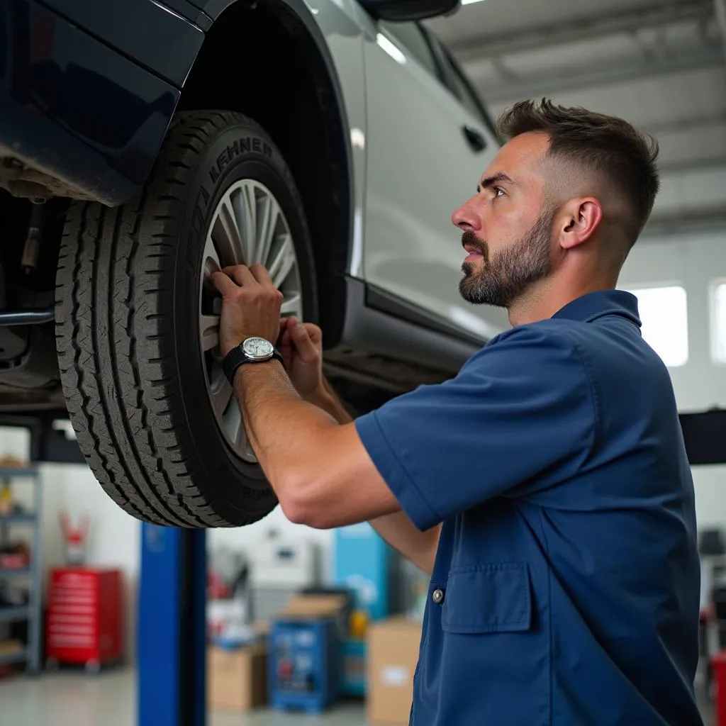 Mechaniker inspiziert die Befestigungsschrauben einer Hebebühne