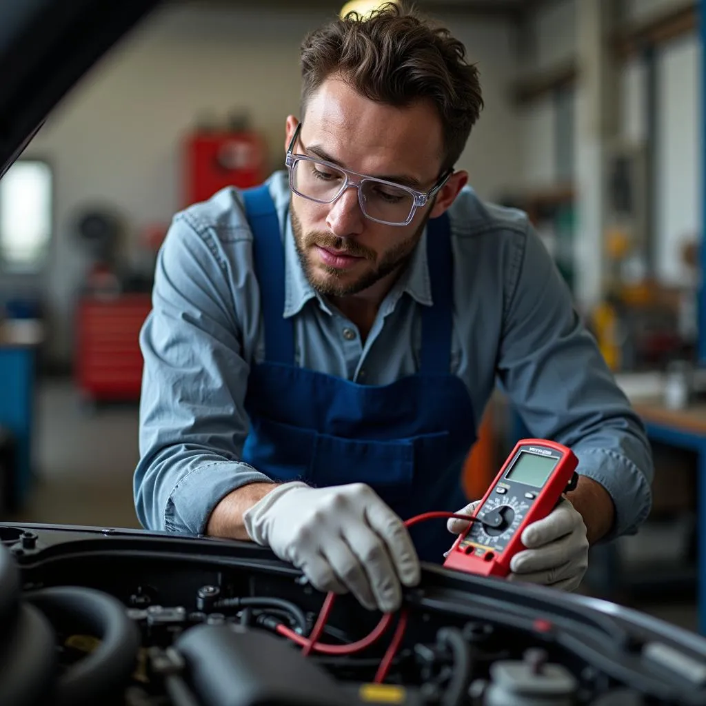 Mechaniker prüft eine Autobatterie