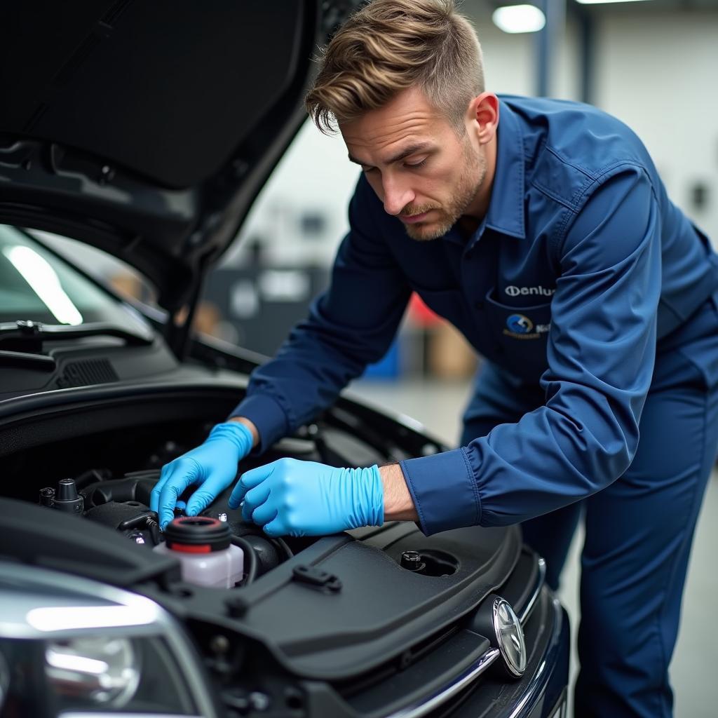 Mechaniker prüft AdBlue-Tank im Werkstatt