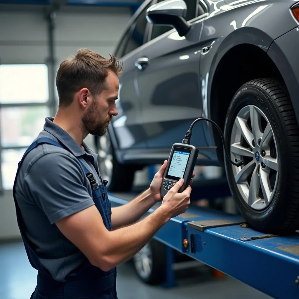 Mechanic checking AdBlue tank in a workshop